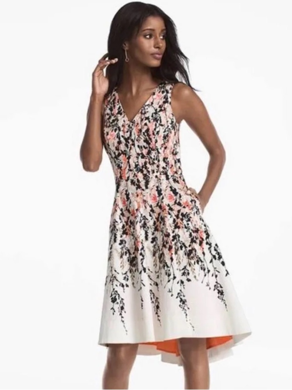 White House Black Market Floral Hi-Lo Fit & Flare Midi Dress 14 Cocktail Cotton
